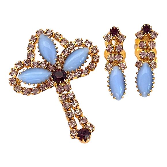 Vintage Brooch & Earring Set Rhinestones Blue Purple Demi-Parure MCM 11I - Picture 6 of 12